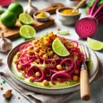 Beetroot Spaghetti with Cashew Lime Cream and Spiced Chickpea Crumble