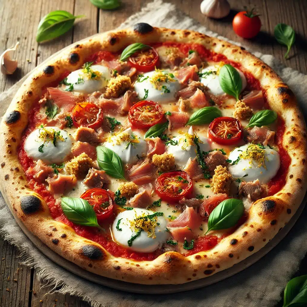 Buffalo Mozzarella Pizza with Garlic Sauce, Tuna, Crumbled Taralli, and Basil
