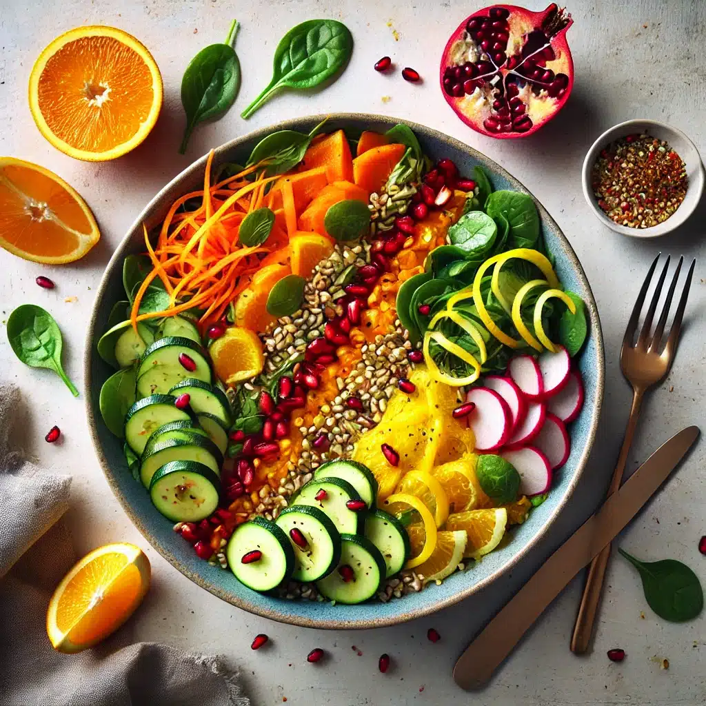Rainbow Farro Bowl with Cooked and Raw Vegetables, Fruit, and Citrus Dressing