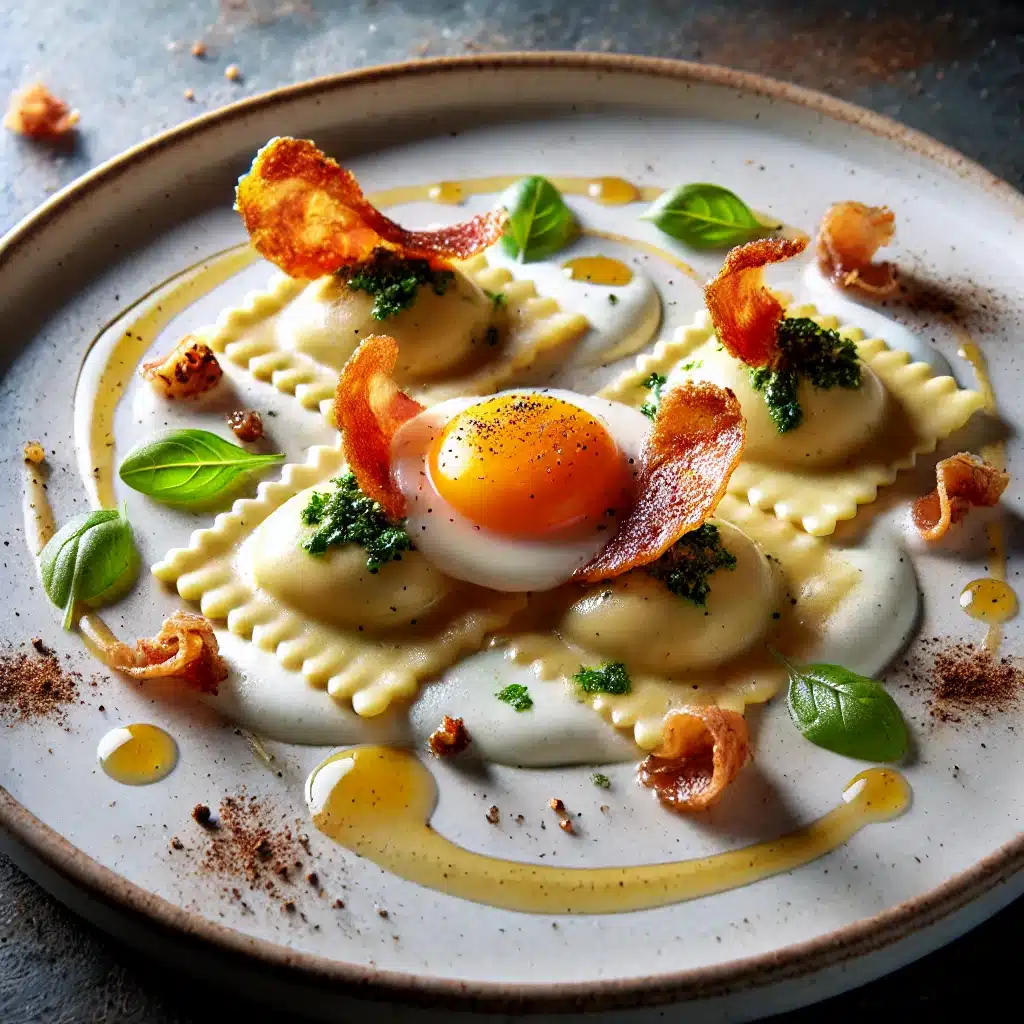 Ravioli Filled with Pecorino Cream and Runny Egg Yolk, Served with Crispy Guanciale Sauce and Smoked Pepper Powder