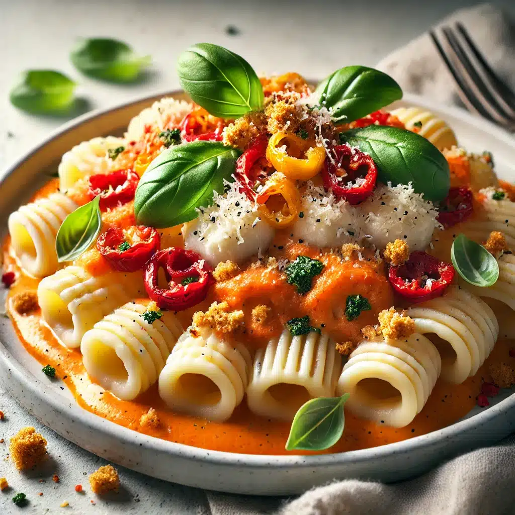 Senatore Cappelli Semolina Paccheri with Roasted Pepper Cream, Stracciatella, and Taralli Crumble