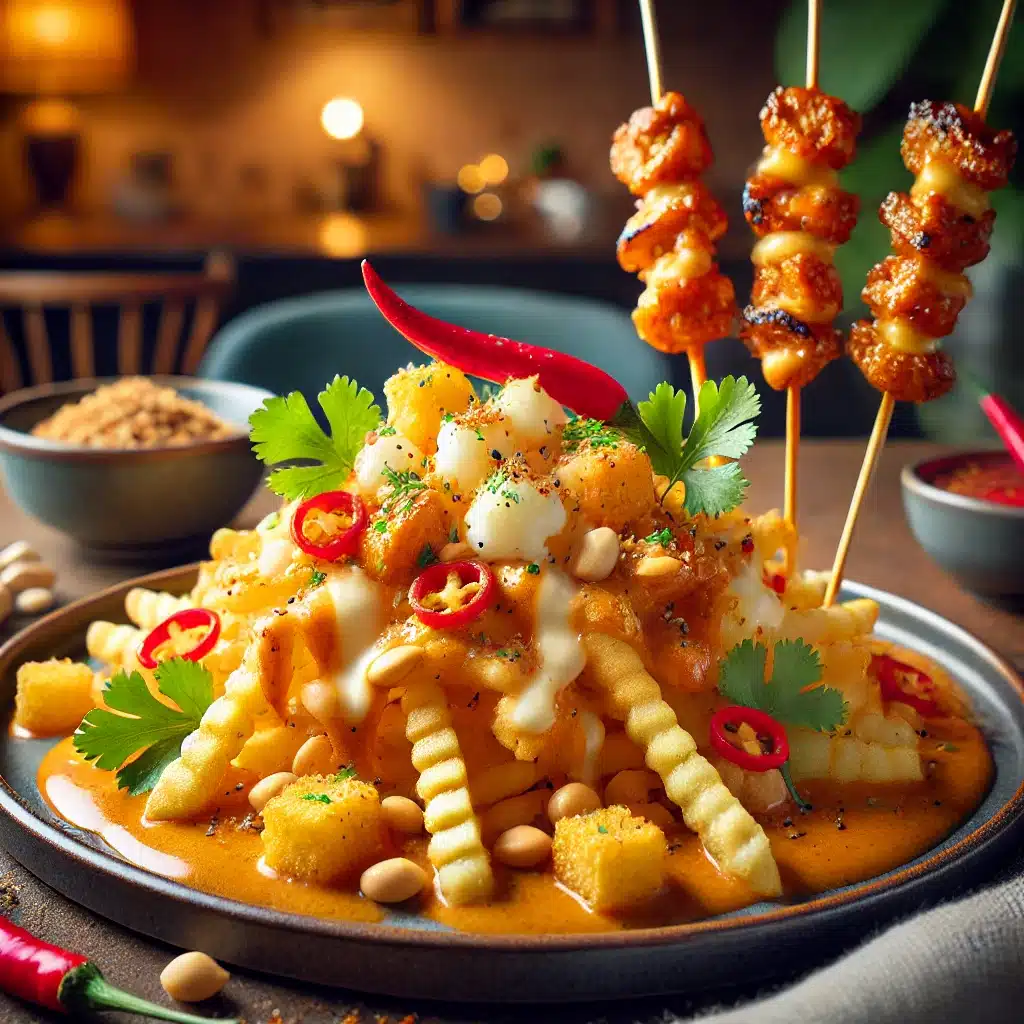 Thai-Canadian Fusion: Curry Poutine with Satay Chicken and Coconut Cream